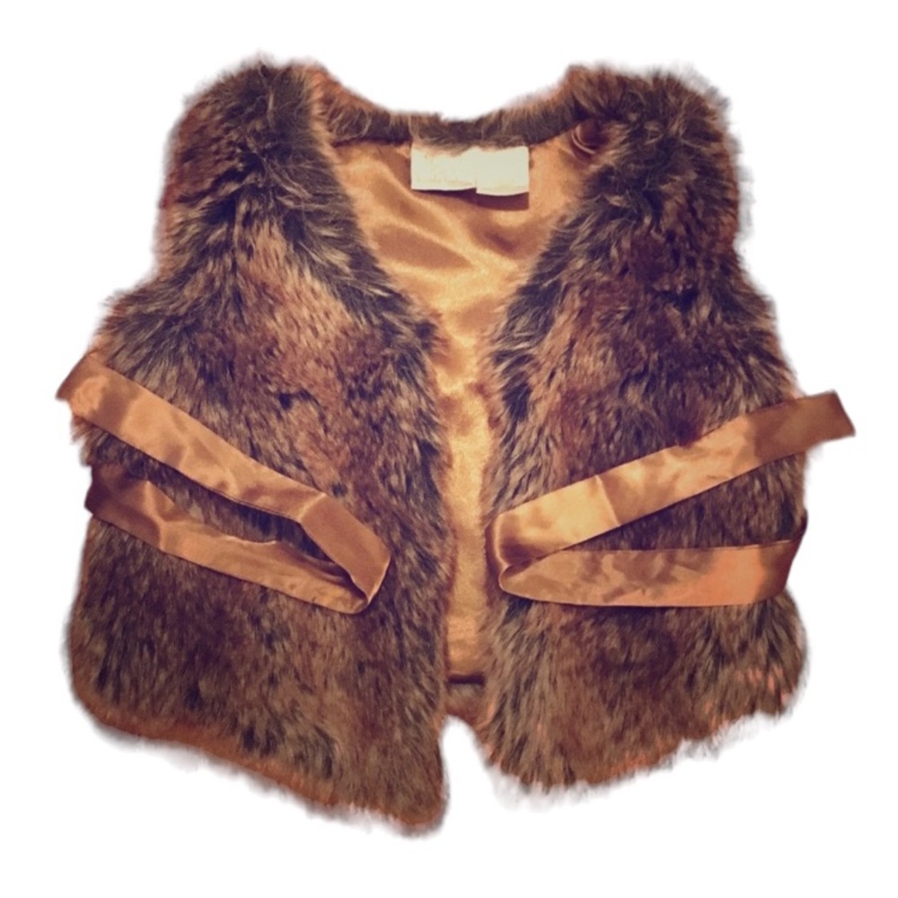 NWOT • Sassy Faux Fur Brown Vest w/ Satin Tie - Picture 1 of 4